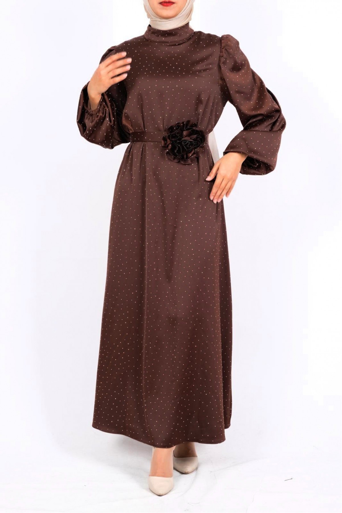Balloon Sleeve Belted Stoned Satin Dress -Brown