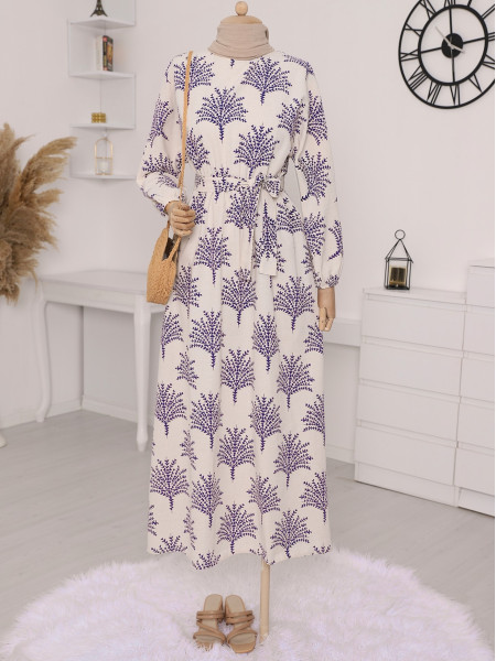 Belted Elastic Waist Printed Linen Dress - Purple