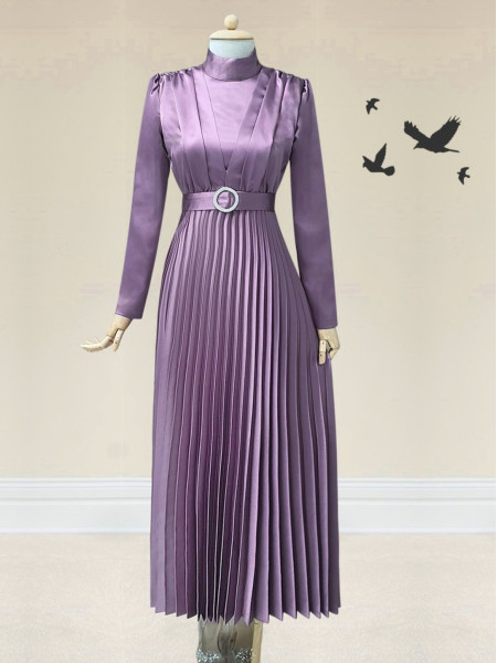 Ruched Collar Pleated Evening Dress with Front Shirring Detail -Lilac