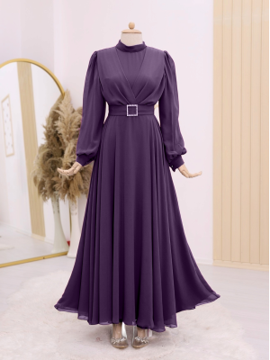 Belted Stone Front Pleated Hijab Dress   -Damson