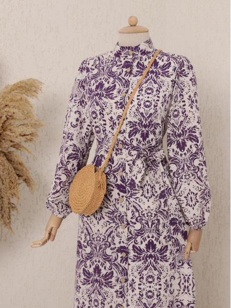 Ethnic Pattern Skirt Frilly Linen Dress - Purple
