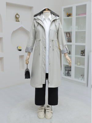Snap Fastener Zippered Hooded Trench Coat -Stone