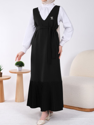 Skirt Pleated Belted Gilet -Black