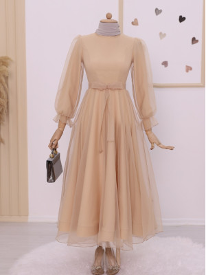 Belted Tulle Evening Dress with Fluffy Sleeves and Skirt - Beige