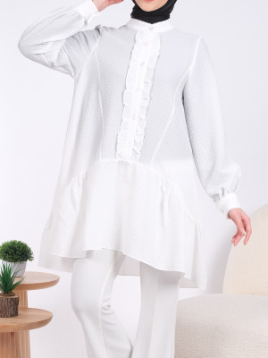 Front Buttoned Skirt Frilled Gofre Tunic -White