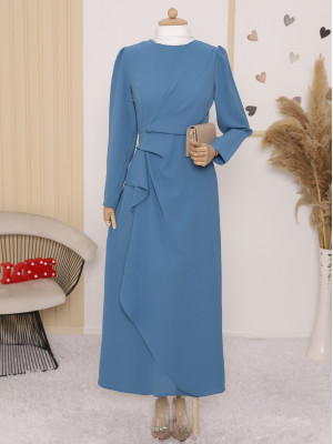 Önü Allerli Eteği Asimetrik Krep Elbise   -Mavi