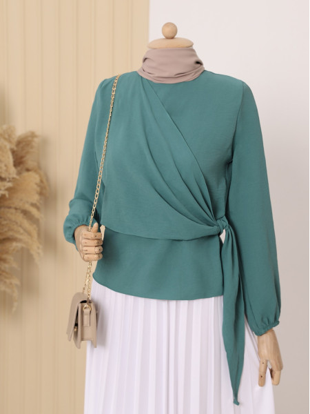 Wrapped Side Tie Sleeves Elastic Blouse -Mint Color