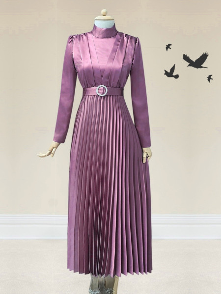 Ruched Collar Pleated Evening Dress with Front Shirring Detail -Dried rose