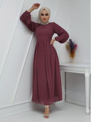 Sleeves Pleated Detailed Front Cup Chiffon Dress -Dried rose