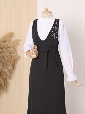 Collar Stony Belted Skirt Frilly Gilet -Black