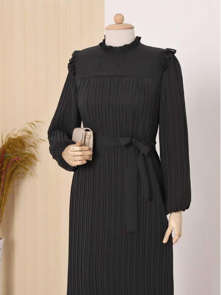 Front Robe Sleeves and Body Pleated Dress -Black