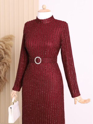 Glitter Striped Tulle Dress With Stone Belt -Maroon