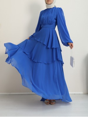 Layered Chiffon Dress with Gathered Skirt and Robe -İndigo