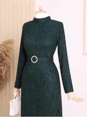 Glitter Striped Tulle Dress With Stone Belt -Emerald