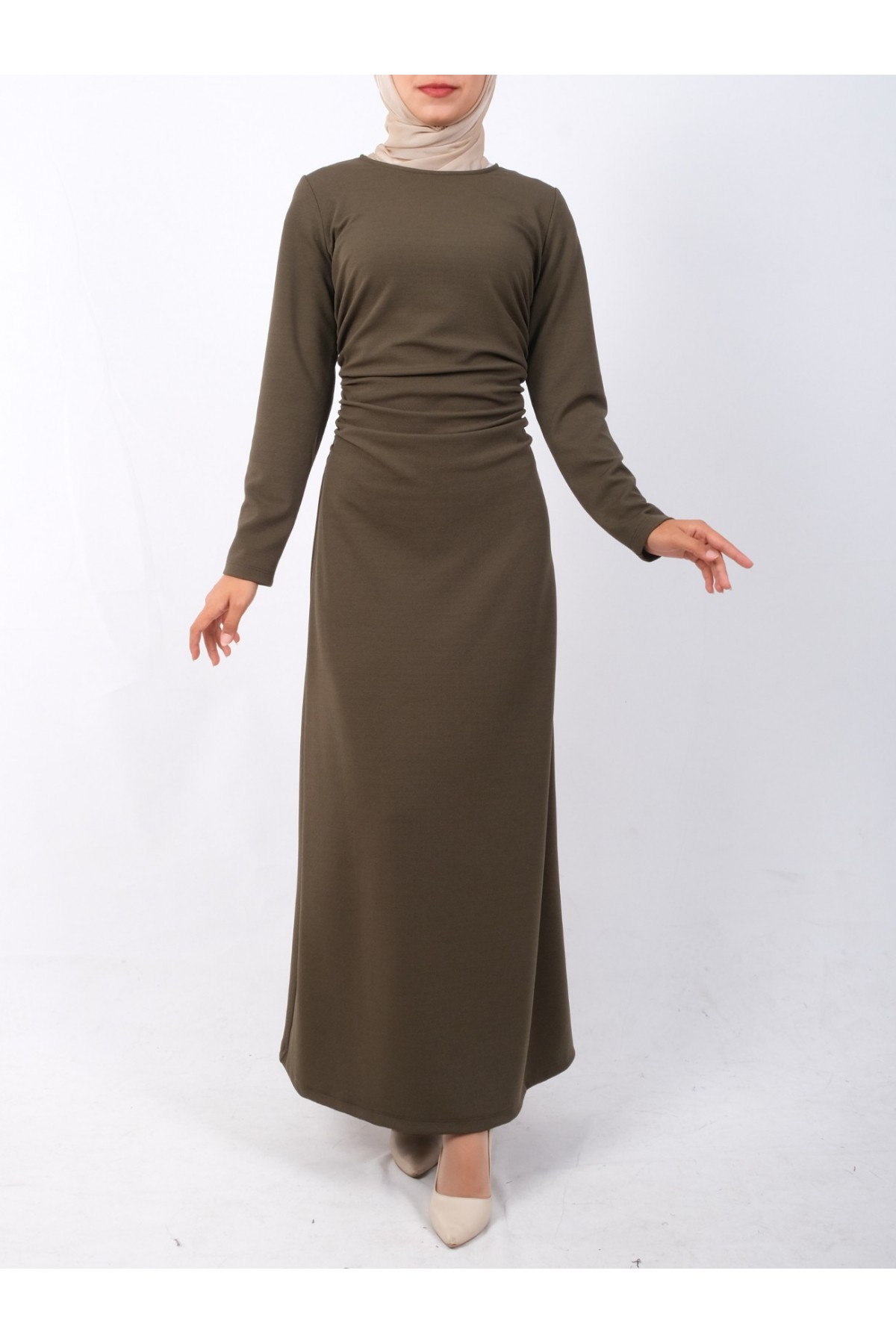 Waist Pleated Knitted Crepe Lycra Dress -Khaki