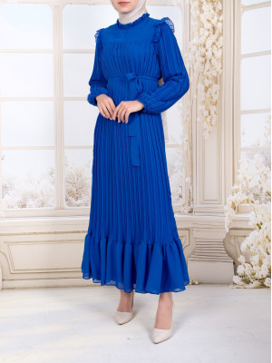 Önü Robalı Kolları ve Bedeni Piliseli Elbise      -Mavi
