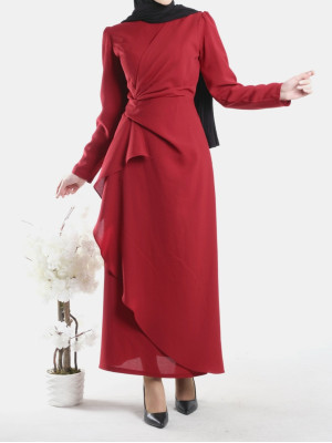 Önü Allerli Eteği Asimetrik Krep Elbise      -Kırmızı