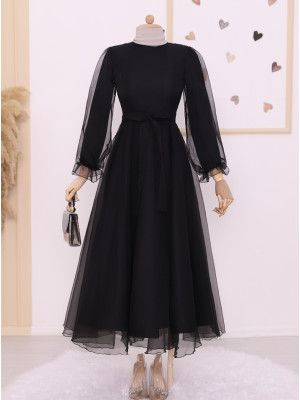 Belted Tulle Evening Dress with Fluffy Sleeves and Skirt -Black