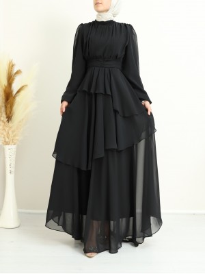 Robadan Büzgülü Eteği Katmanlı Şifon Elbise -Siyah