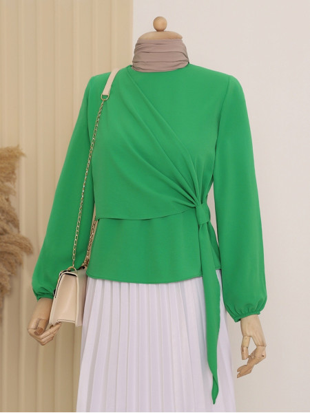 Wrapped Side Tie Sleeves Elastic Blouse  -Green