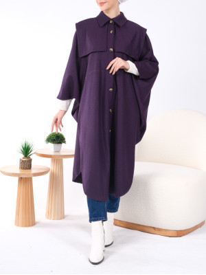 Shawl Detailed Buttoned Winter Hijab Poncho - Purple