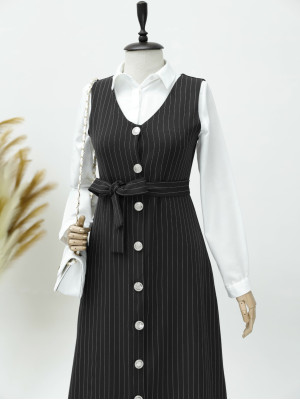 Buttoned Belted Striped Gilet -Black