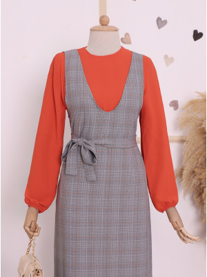Checkered Belt Skirt Frilly Gilet  -Snuff
