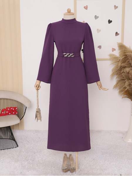 Crepe Dress With Chain Belt Waist - Purple