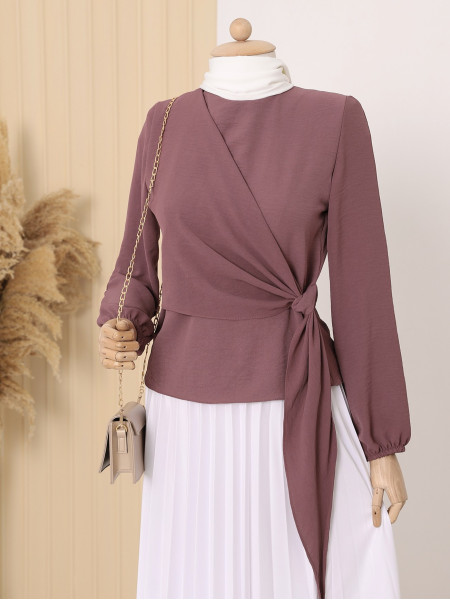 Wrapped Side Tie Sleeves Elastic Blouse -Dried rose