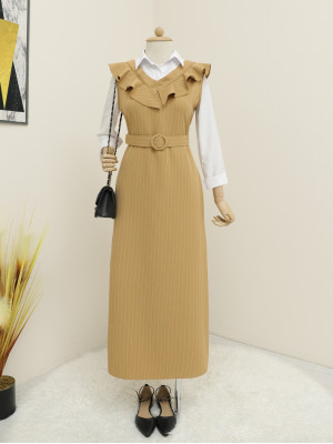 Striped Belted Gilet Dress with Frilly Collar -Snuff