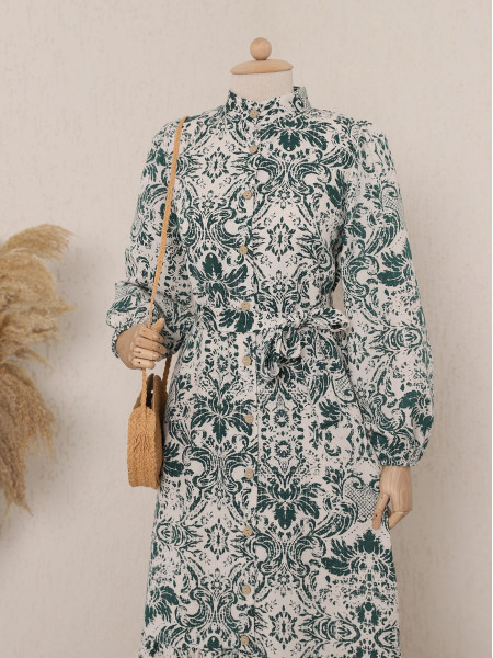 Ethnic Pattern Skirt Frilly Linen Dress -Emerald