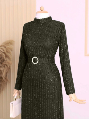 Gemstone Belt Glitter Striped Tulle Plus Size Dress  -Khaki