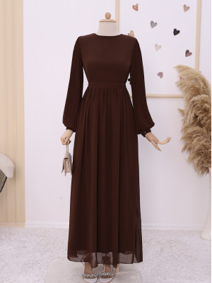Sleeves Pleated Detailed Front Cup Chiffon Dress  -Brown