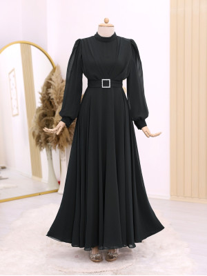 Belted Stone Front Pleated Hijab Dress -Black