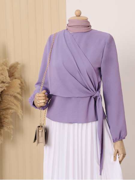 Wrapped Side Tie Sleeves Elastic Blouse -Lilac
