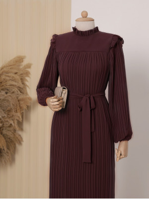 Front Robe Sleeves and Body Pleated Dress   -Maroon
