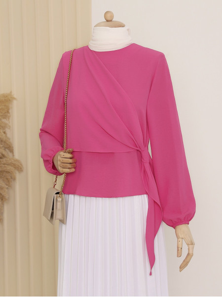 Wrapped Side Tie Sleeves Elastic Blouse  -Fuchsia