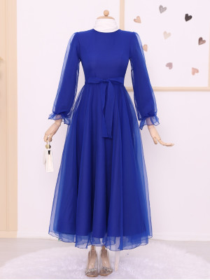 Belted Tulle Evening Dress with Fluffy Sleeves and Skirt -Saxe 