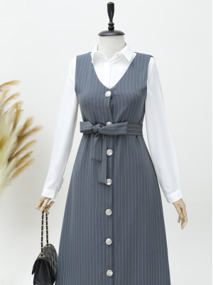 Buttoned Belted Striped Gilet -Grey