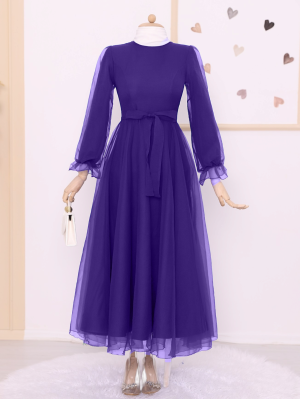 Belted Tulle Evening Dress with Fluffy Sleeves and Skirt   -Lilac