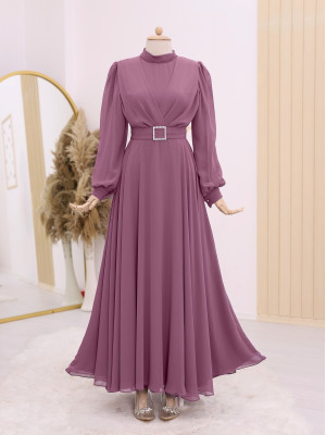 Belted Stone Front Pleated Hijab Dress  -Dried rose