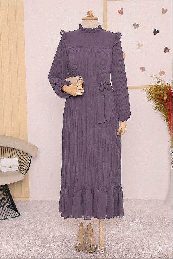 Front Robe Sleeves and Body Pleated Dress   -Lilac