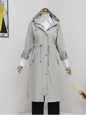 Lace-Up Trench Coat with Detachable Hood -Stone