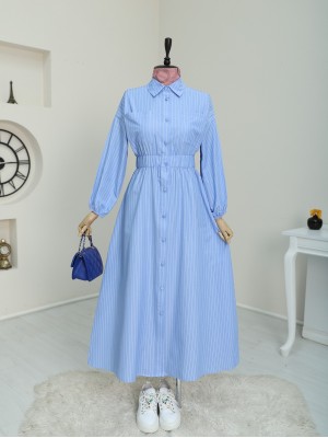 Önden Düğmeli Beli Lastikli Çizgili Elbise -Mavi