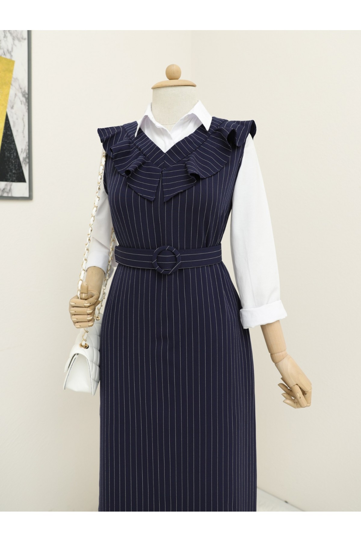 Striped Belted Gilet Dress with Frilly Collar -Navy blue
