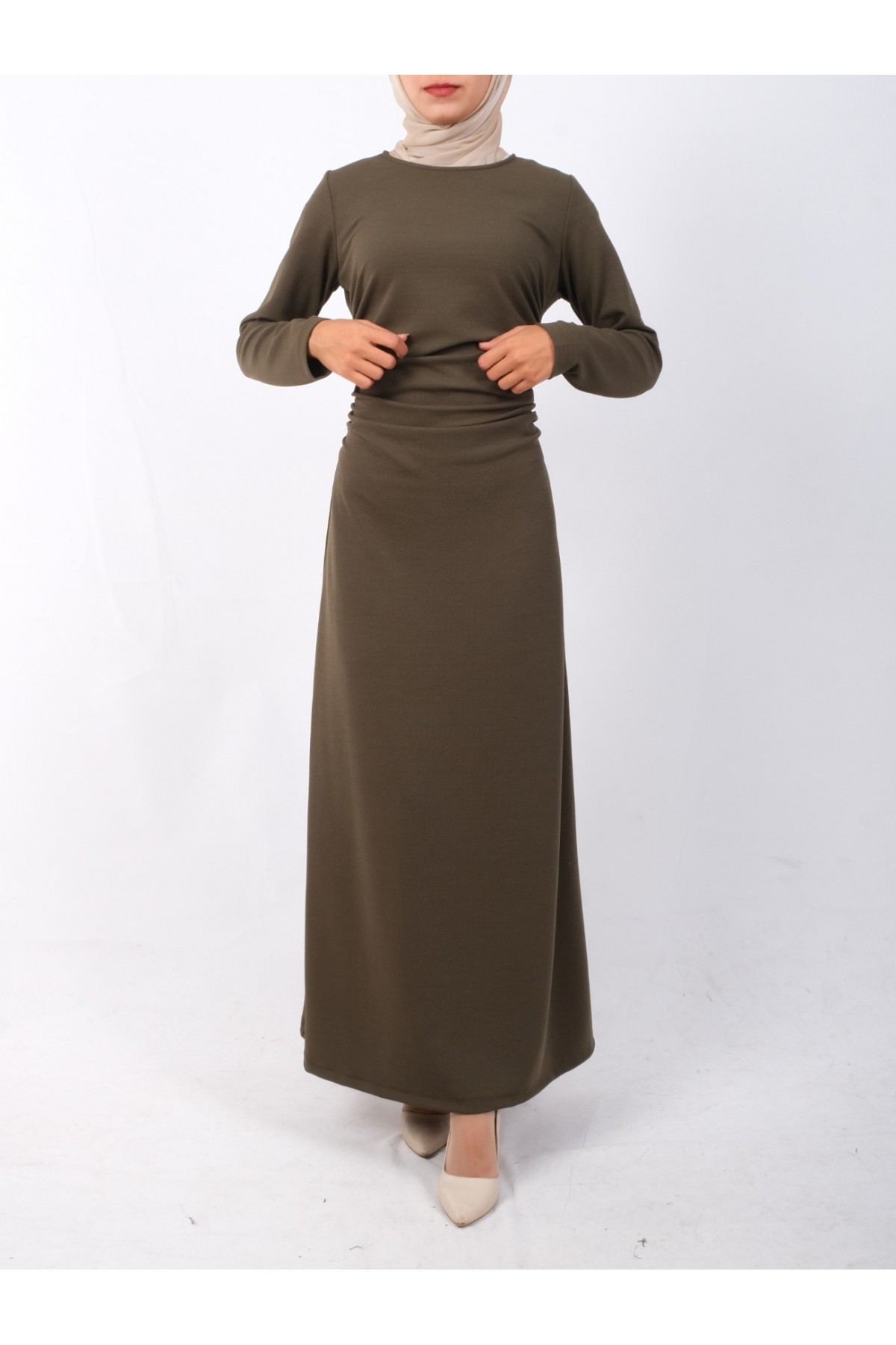 Waist Pleated Knitted Crepe Lycra Dress -Khaki