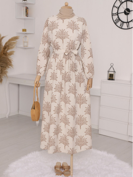 Belted Elastic Waist Printed Linen Dress -Mink color