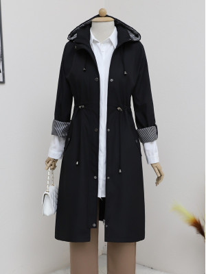 Lace-Up Trench Coat with Detachable Hood -Black