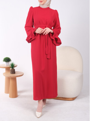 Ruffle Sleeve Lace-up Stand Collar Long Dress -Red