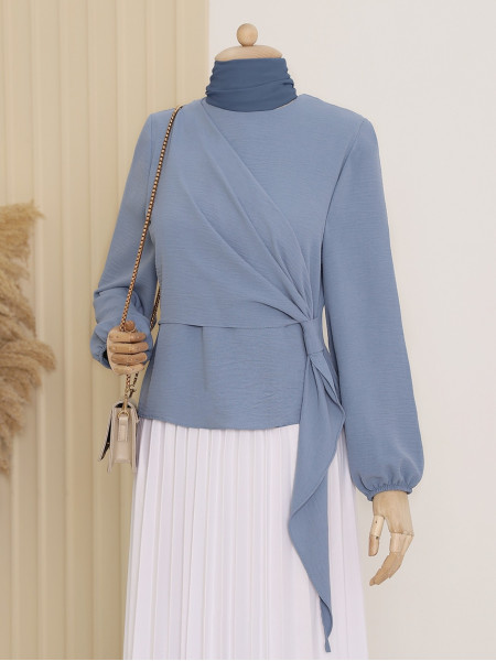 Wrapped Side Tie Sleeves Elastic Blouse    -Blue